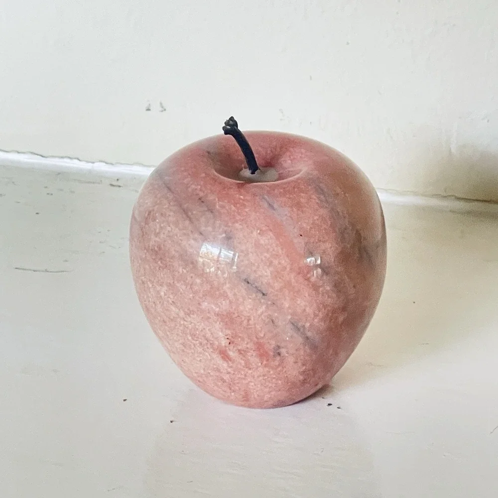Marble Alabaster Stone Apple Pink With Blue Streaks Brown Stem Paperweight